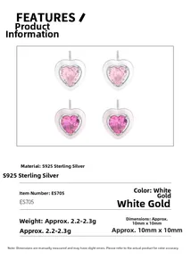 Detailed spec sheet for S925 sterling silver heart earrings with pink zircon stone