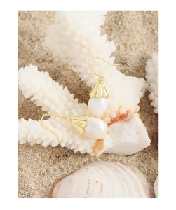 Detail shot of S925 silver earring with natural irregular pearl on beach sand and coral