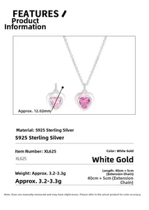Detail showing S925 sterling silver heart necklace dimensions with pink gemstone pendant