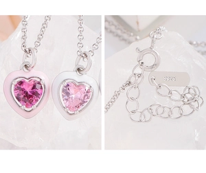 Detail of S925 sterling silver lobster clasp and heart-shaped enamel necklace pendants