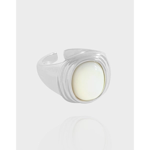 Oval White Mother Of Artificial Pearl Ring 925 Sterling Silver Adjustable Opening Niche Design Wide Textured Band Jewelry For Women