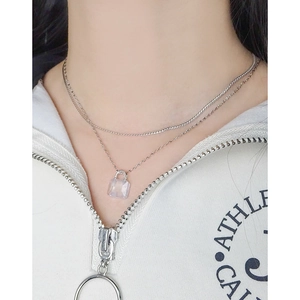 S925 sterling silver double layer necklace with transparent ice cube pendant for women
