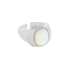 Minimalist S925 sterling silver ring with oval white mother of pearl and wavy texture