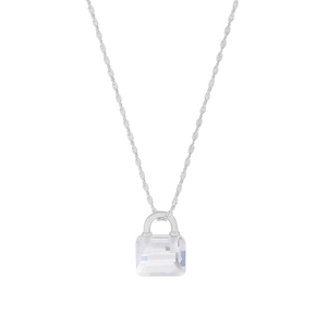 S925 sterling silver necklace with transparent crystal handbag pendant on white background