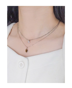 Detail of layered S925 silver necklace with oval tiger eye and zircon pendant