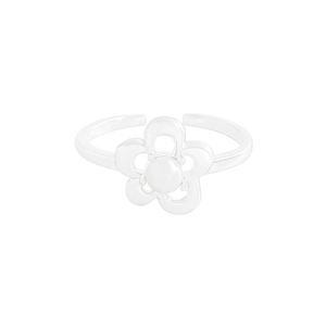 S925 sterling silver flower ring with pearl accent and adjustable minimalist open band
