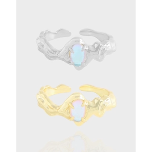 S925 Sterling Silver Irregular Geometric Moonstone Open Ring For Women Minimalist Design Liquid Metal Style Adjustable Ring Jewelry
