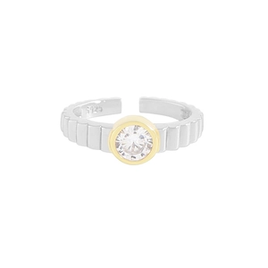Adjustable S925 sterling silver gear ring with white zircon and vertical stripe texture