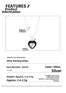Detail specifications of S925 silver heart necklace with black enamel and zircon inlay