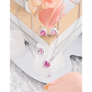 S925 sterling silver necklace and earrings set with pink heart zirconia and enamel