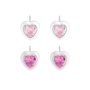S925 silver heart stud earrings with enamel and zircon in light pink and magenta