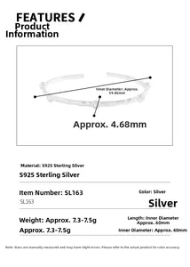 Detailed size chart showing 60mm diameter and 4.68mm width of S925 silver cuff bracelet