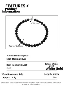 Vue détaillée du collier en perles d'onyx noir S925 argent avec mesures de taille précises