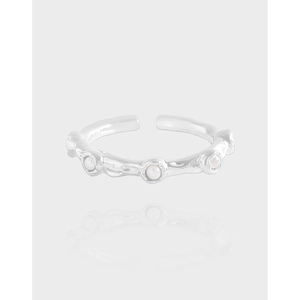 925 Sterling Silver Adjustable Ring Faux Artificial Pearl Inlay Natural Wrinkled Texture Korean Style Elegant Jewelry For Women