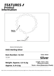 Technical specifications of S925 sterling silver heart bracelet with dimensions and weight