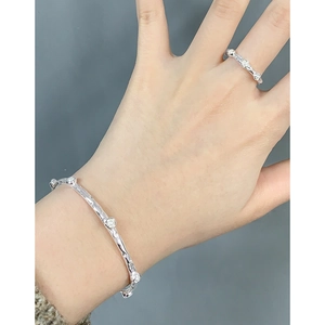 S925 sterling silver open bangle and ring set with pearl accents and crushed texture