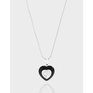 925 Sterling Silver Heart Pendant Necklace Black Enamel Zirconia Clavicle Chain For Women Minimalist Korean Style Jewelry Gift