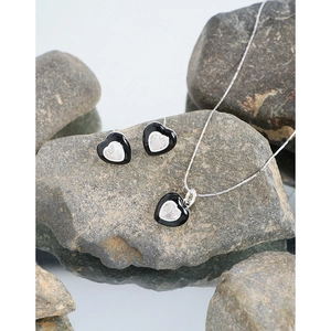 Silver S925 necklace and earrings set with black enamel hearts and cubic zirconia stones