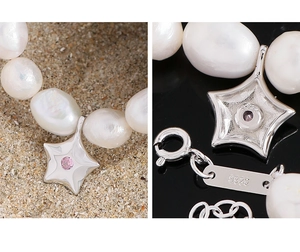 Gros plan du fermoir étoile en argent S925 et pierre rose sur bracelet en perles