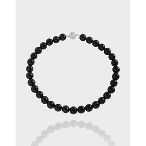 Collier Boule Ronde en Agate Noire en Argent Sterling S925 pour Femme Minimaliste Style INS Fermoir Magnétique Chaîne Clavicule