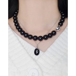 Collier double rang en argent S925 avec perles d'agate noire et pendentif floral
