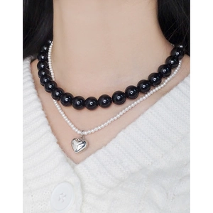 Collier double rang en argent S925 avec perles d'onyx noir, perles et pendentif cœur