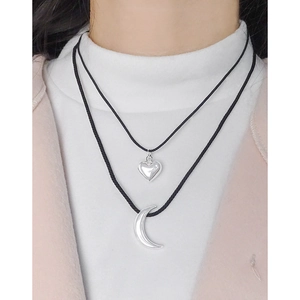 S925 sterling silver layered necklace with moon and heart pendants on black cords