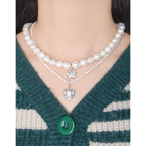 Collier double couche en argent S925 avec perles baroques, pendentifs étoile et cœur