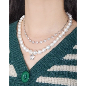 Collier double rang en argent S925 avec perles baroques et pendentif étoile de mer zircon