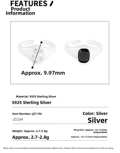 Detail showing S925 sterling silver ring dimensions and square zircon specifications