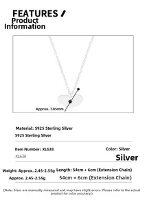 Détails techniques du collier coeur en argent S925 avec dimensions et poids précis