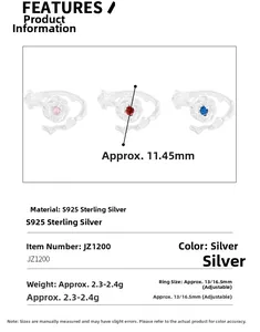 Close-up of S925 sterling silver rose rings with zircon details and size specifications