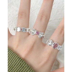 Ensemble de trois bagues en argent S925 avec cœurs et nœuds en zircon rose pour femme