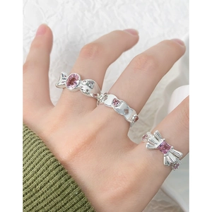 Ensemble de bagues nœud en argent S925 avec zircons roses pour femmes et jeunes filles