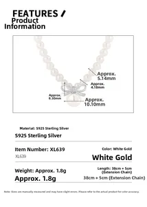 Macro detail of S925 silver pearl necklace with bow design and size specifications