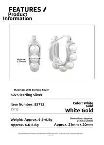Macro detail of S925 silver U-shape earrings with three inset pearls and size specs