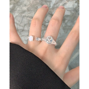 Chic silver S925 square zircon open ring and signet ring set for women in minimalist style