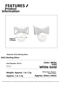 Spécifications des boucles d'oreilles nœud en argent S925 et perles avec dimensions