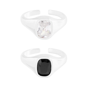 Minimalist S925 silver adjustable open rings with square zircon in black and clear