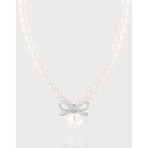 Elegant 925 Sterling Silver Bow Artificial Pearl Necklace White Round Artificial Pearl Choker Bowknot Pendant Necklaces For Women Lady Fine Jewelry