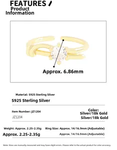 Detail of S925 sterling silver knot ring with zircon and 18k gold plating parameters