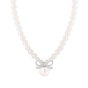 Elegant S925 silver necklace featuring a bow pendant with lustrous white pearls for women