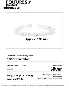 Macro detail of S925 sterling silver bubble ring showing 1.98mm width and weight specs