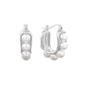 Elegant S925 silver U-shaped hoop earrings with embedded white pearls on white background