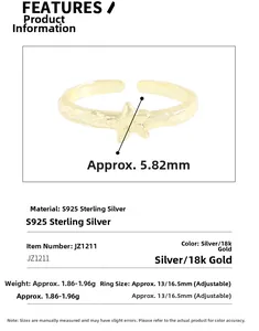 Detailed view of S925 sterling silver star ring with precise dimension measurements