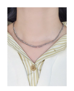 Detail of S925 sterling silver double layer chain necklace on a model's neck