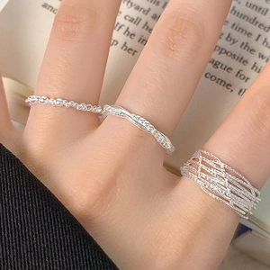 Three-piece S925 sterling silver ring set featuring beaded, rope, and multi-layer wide bands
