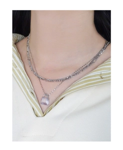 Double-layer silver chain necklace featuring a square light purple crystal pendant