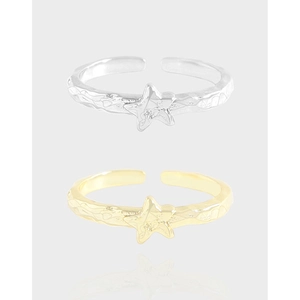 925 Sterling Silver Star Open Ring For Women Korean INS Style Crinkle Texture Adjustable Finger Ring Fashion Jewelry Gift