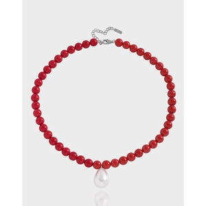 Vintage S925 Sterlingsilber Rote Künstliche Perlenkette Mit Elegantem Wassertropfen Künstliche Perlenanhänger Schlüsselbeinkette Für Damen Schmuck
